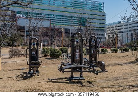Daejeon, South Korea; March 16, 2020: Adult Exercise Equipment In Urban Public Park Located In Dunsa