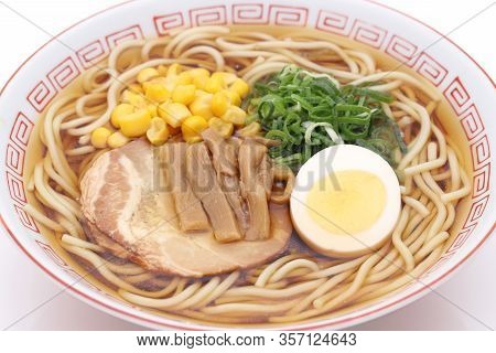 Japanese Soy Sauce Ramen Noodles In A Bowl On White Background