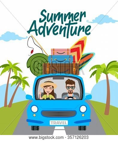 Summer Adventure Vector Concept Design. Summer Adventure Text With Travel Characters In Car Driving 
