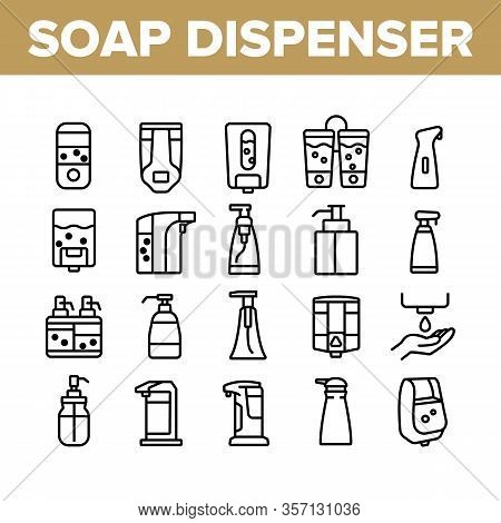 Soap Dispenser Tool Collection Icons Set Vector. Soap Dispenser Equipment Fow Wash Hand, Bottle For 