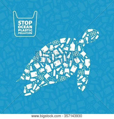 Plastic Trash Planet Pollution Concept Vector Illustration. Turtle Marine Reptile Silhouette Filled 