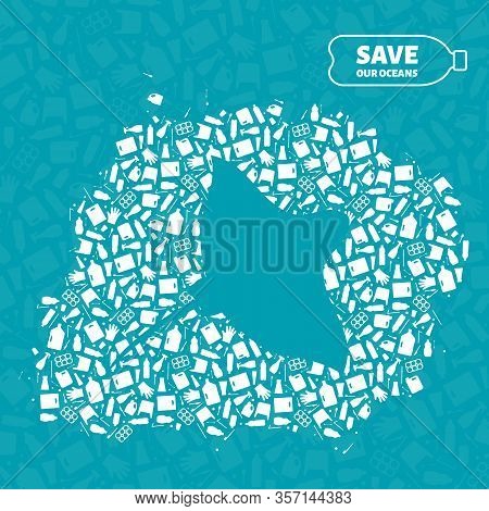 Plastic Trash Planet Pollution Concept Vector Illustration. Ray Marine Fish Silhouette Cut In Plasti