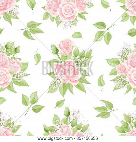 Seamless Pattern With Cream Pink Roses. Vintage Floral Background