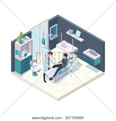 Patient In Hospital. Emergency First Injury Room Health Adults Persons Nurse And Doctors Vector Medi