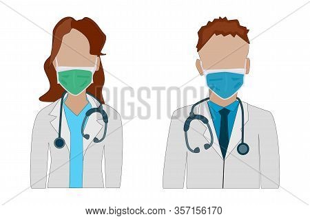 Doctors In Medical Mask Isolated On White Background. Doctor And Nurse Icons Set. Medical Staff Colo