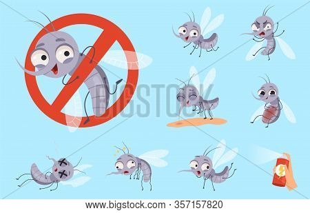 Dangerous Mosquito. Bugs And Warning Flyings Animals Mosquito Aid Vector Cartoon Set. Mosquito Bug I