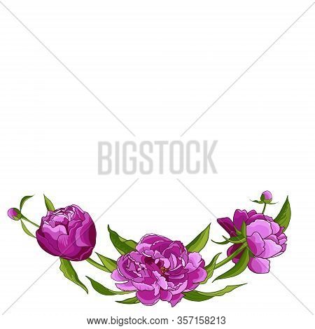 Frame With Pink Pionies, Leaves, Buds. Flower Frame. Floral Motif Border. Idea For Event Invitation,