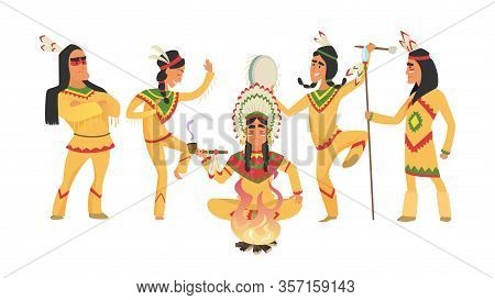 American Native Indians. Shaman And Fire, Ritual Dancing People. Indian Warriors Vector Illustration