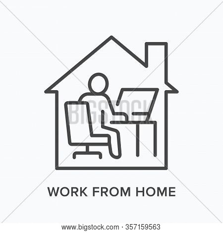 Man Working On Computer From Home Line Icon. Freelance Work, Online Education Vector Illustration. P
