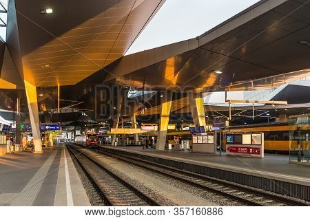 Vienna, Austria - April 17, 2019: The Platform On Main Railway Station Of Vienna (wien Hauptbahnhof)