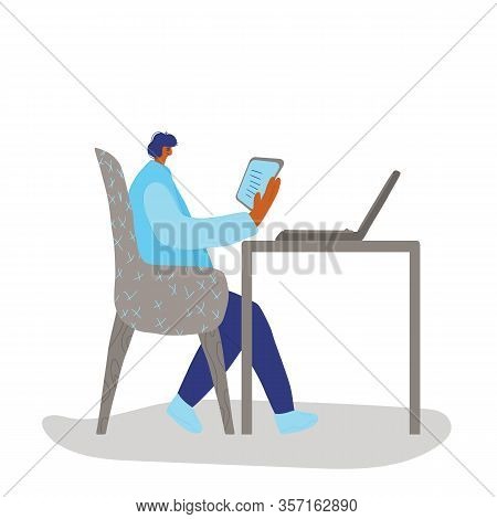 Adult Person Sitting At The Table And Reading His Notes. Character Using His Tablet. Human Wearing I