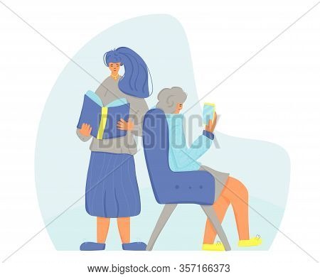 Two Female Persons Reading A Books. Young Happy Woman Standing And Leafing Through A New Bestseller 