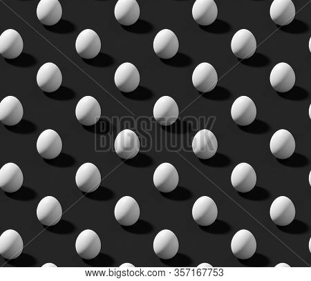 White Chicken Eggs With Shadow On Black Colorless Isometric Seamless Background, Achromatic Black Ba