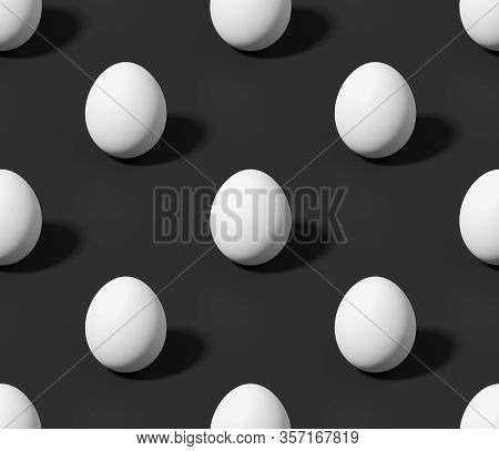 White Chicken Eggs On Black Colorless Seamless Isometric Background, Achromatic Black Background, 3d