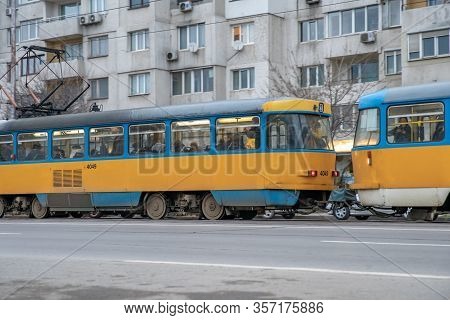 Sofia - February 27, 2020: Prefabricated House In The City On Settlements. Tram At The Stop In Front