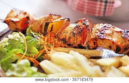 Traditional Greek Souvlaki With Chicken And Potatoes - Greek Kontosouvli - Greek Cuisine