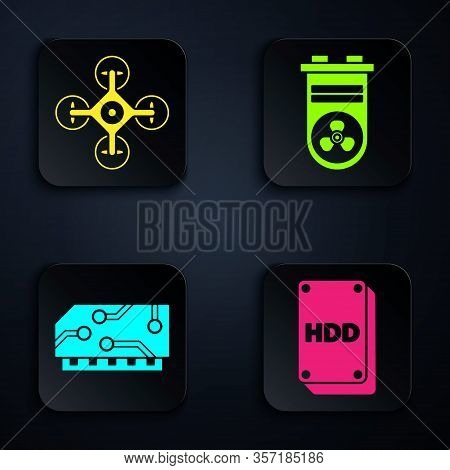 Set Hard Disk Drive Hdd, Drone, Ram, Random Access Memory And Video Graphic Card. Black Square Butto