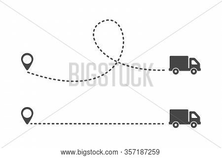 Multiple Truck Trakes With Dotted Lines. Pin Map Location Of Truck Delivery On Route Icon Design Ele