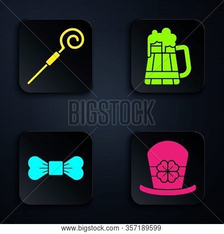 Set Leprechaun Hat And Four Leaf Clover, Walking Stick, Bow Tie And Wooden Beer Mug. Black Square Bu