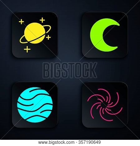 Set Black Hole, Planet, Planet And Moon And Stars. Black Square Button. Vector