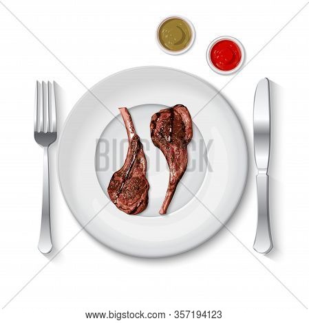 Lamb Chop With Gravy Sauce Illustration On White Plate