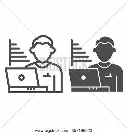 Technician Blogger Line And Solid Icon. Statistics Chart And User With Laptop Symbol, Outline Style 