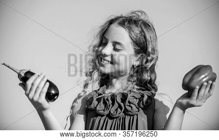 Eat Healthy. Summer Harvest Concept. Gmo Free. Eco Farming. Girl Happy Smiling Child Living Healthy 