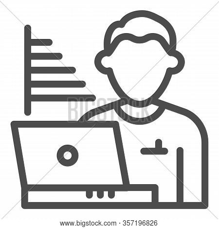Technician Blogger Line Icon. Statistics Chart And User With Laptop Symbol, Outline Style Pictogram 