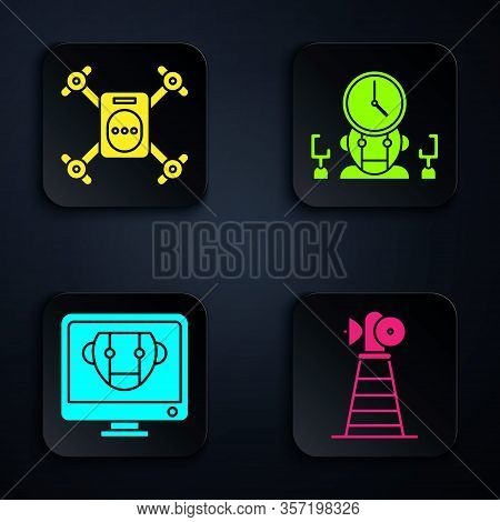 Set Antenna, Drone Flying With Action Camera, Bot And Robot And Digital Time Manager. Black Square B