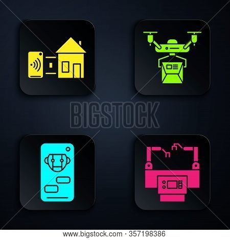Set Assembly Line, Smart Home, Bot And Drone Delivery Concept. Black Square Button. Vector