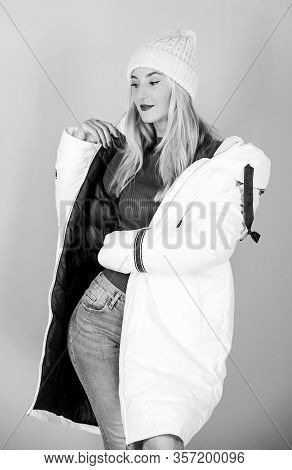 Add Some Action To Your Life. Beauty In Winter Clothing. Cold Season Shopping. Woman In Padded Warm 