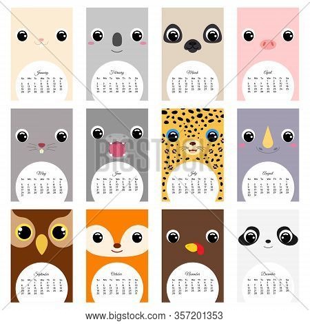 Calendar 2020. Cute Monthly Calendar With Animals. Good For Kids. Flat Vector Stock Illustration.