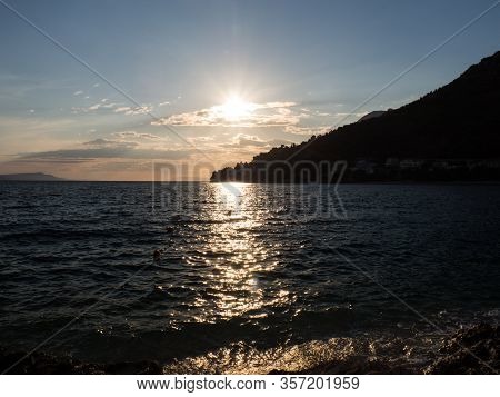Sunset Over The Mediterranean Sea In Drvenik, Croatia