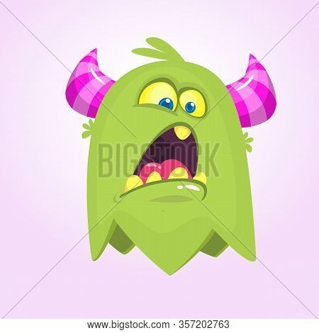 Cute Small Scared Cartoon  Monster. Satisfied Green  Monster Emotion. Halloween Illustration
