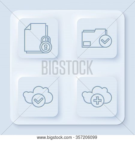 Set Line Document And Lock, Document Folder And Check Mark, Cloud With Check Mark And Add Cloud. Whi