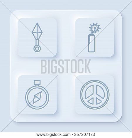 Set Line Japanese Ninja Shuriken, Dynamite Bomb Stick Clock, Compass And Peace. White Square Button.