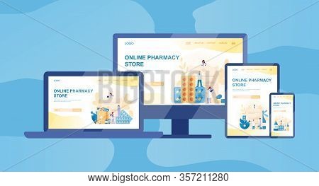 Online Pharmacy Web Banner On Differernt Device, Computer, Laptop