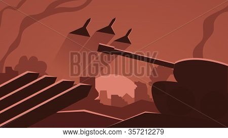Vector Illustration Of A War Scene, Battleground. Battlefield Drawing With A Tank, Fighter Jets, Com
