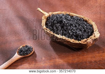Natural Black Salt Of Hawaii. Text Space