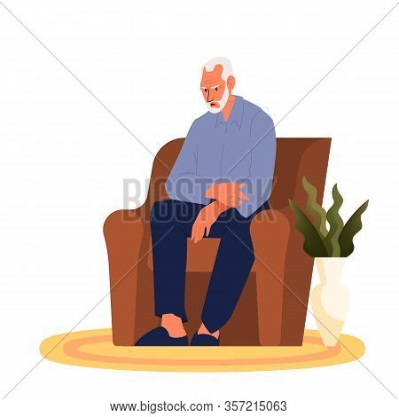 Tired Old Man Sitting In The Armchair. Eldery Person With Lack