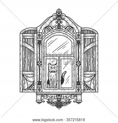 Cat Is Sitting On Windowsill Sketch Engraving Vector Illustration. T-shirt Apparel Print Design. Scr