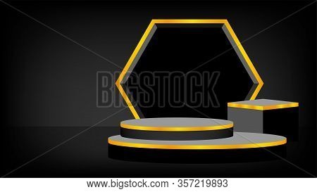 Black Stage Pedestal 3d And Stripe Gold Luxury, Pedestal Ellipse Box For Cosmetics Product Display S