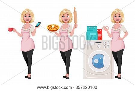 Housewife Concept, Young Pretty Stylish Woman, Set Of Three Poses. Beautiful Lady Cartoon Character 