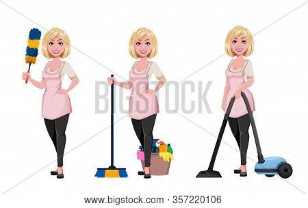 Housewife Concept, Young Pretty Stylish Woman Cleaning, Set Of Three Poses. Beautiful Lady Cartoon C