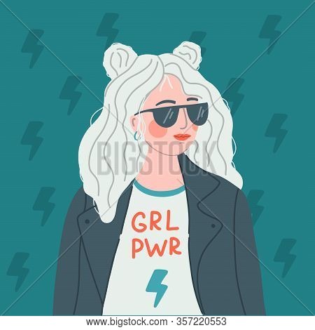 A Cool Girl In Sunglasses, A Leather Jacket And A T-shirt That Says Grl Pwd. Girl Power, Feminist Co