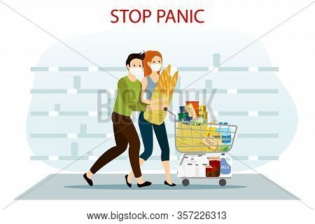 Covid-19 Or Coronavirus Panic Buying. Couple Running With Full Cart In Supermarket. Stop Panic