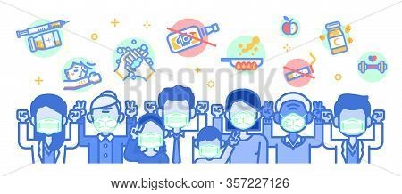 People Wearing Medical Mask.personal Health Care. Hands Up And Victory Gesture Sign To Fight Concept