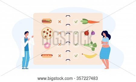 Dietology Concept. Doctor And Overweight Patient, Healthy And Unhealthy Menu. Obesity, Food Addictio