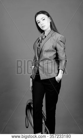 Student Life. Smart Beauty. Nerd. Girl Student In Formal Clothes. Stylish Woman In Jacket With Leath
