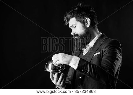 Man Well Groomed Gentleman Formal Suit Hold Little Cloche. Serving And Presentation. Elite Luxurious